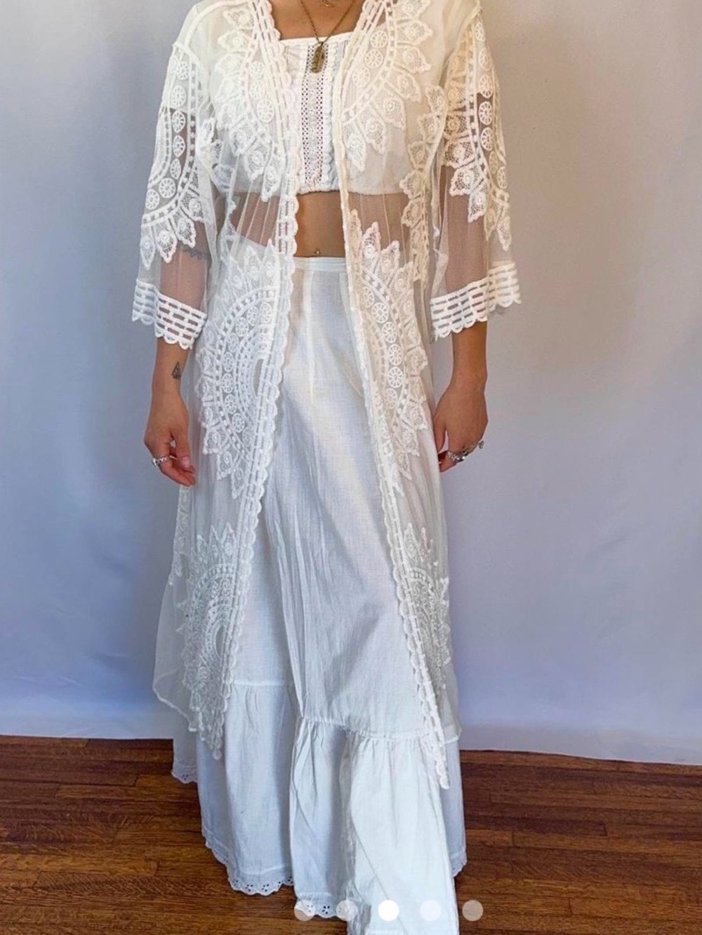Rachel Zoe Lace Embroidered Sheer Maxi Kimono Maxi OS Cover-Up Boho Fairy